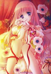 Rule 34 | 1girl, absurdres, bag, bed, blonde hair, blush, bow, clock, curtains, dress, envelope, flower, head tilt, heart, highres, holding, indoors, knees together feet apart, letter, long hair, looking at viewer, love letter, neck ribbon, nishiwaki yuuri, pink hair, puffy sleeves, purple eyes, ribbon, sack, scan, short sleeves, sitting, smile, solo, yellow dress