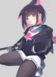 Rule 34 | absurdres, animal ears, black choker, black hair, black jacket, blue archive, blue sailor collar, choker, colored inner hair, extra ears, food in mouth, gun, halo, hand in pocket, highres, jacket, kazusa (blue archive), long sleeves, miniskirt, mouth hold, multicolored hair, neckerchief, pantyhose, pink hair, pink neckerchief, pleated skirt, red eyes, sailor collar, shoes, simple background, skirt, teoskyrios, weapon, white skirt