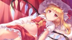 Rule 34 | 1girl, ascot, blonde hair, clothes lift, clothes pull, commentary request, crystal, flandre scarlet, frilled shirt, frilled shirt collar, frilled skirt, frills, hat, highres, looking at viewer, lying, lzh, medium hair, mob cap, navel, on back, one side up, puffy short sleeves, puffy sleeves, red eyes, shirt, shirt lift, short sleeves, skirt, skirt pull, smile, solo, touhou, white shirt, wings, yellow ascot