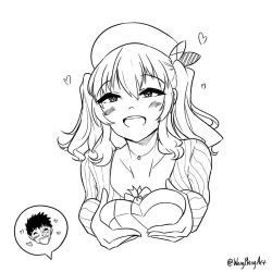 Rule 34 | 1boy, 1girl, alternate costume, box, box of chocolates, cameo, gift, greyscale, hair ribbon, hat, heart, holding, kantai collection, kashima (kancolle), monochrome, pov, ribbon, robba-san (wangphing), shirt, signature, simple background, smile, striped clothes, striped shirt, twintails, valentine, vertical-striped clothes, vertical-striped shirt, wangphing, white background