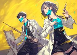 Rule 34 | 1boy, 1girl, arms up, black hair, black pants, black skirt, blue neckwear, breasts, cleavage, closed mouth, collarbone, commentary request, doctor, dress, grey hair, highres, holding, holding shield, holding syringe, holding weapon, kusano shinta, lab coat, lips, long sleeves, looking to the side, mask, mouth mask, necktie, neckwear request, original, pants, red eyes, shield, short hair, simple background, skirt, syringe, thigh strap, weapon, yellow background