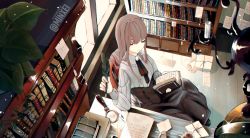 Rule 34 | 1girl, artist name, bad id, bad pixiv id, blunt bangs, book, brown hair, candle, from above, holding, holding book, holding quill, magnifying glass, minxei, original, paper, quill, sitting, smile, solo, watermark, writing