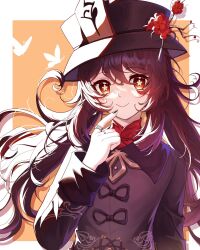 Rule 34 | 1girl, black hair, black nails, chinese clothes, commentary request, flower, genshin impact, hair between eyes, hat, hat flower, hat ornament, highres, hu tao (genshin impact), jewelry, long hair, long sleeves, looking at viewer, morte (morte00097530), orange eyes, pointing, pointing at viewer, porkpie hat, ring, sidelocks, simple background, solo, symbol-shaped pupils, twintails, two-tone background