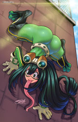 Rule 34 | 1girl, all fours, ass, asui tsuyu, belt, black eyes, bodysuit, boku no hero academia, boots, bow-shaped hair, darkereve, day, face paint, full body, gloves, goggles, goggles on head, green bodysuit, green hair, hair rings, highres, long hair, long tongue, on wall, outdoors, shiny clothes, skin tight, solo, thigh boots, thighhighs, thighs, tongue, tongue out, upside-down