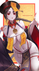 Rule 34 | 1girl, 2020, artist name, bead necklace, beads, black hair, blush, braid, breasts, chinese clothes, dishwasher1910, fingernails, hat, highres, jewelry, jiangshi, large breasts, long fingernails, long hair, looking at viewer, necklace, ofuda, open mouth, original, pale skin, pelvic curtain, red eyes, revealing clothes, ring, sharp fingernails, single braid, solo, thick eyebrows, thighhighs, very long fingernails, very long hair, white thighhighs, wide sleeves