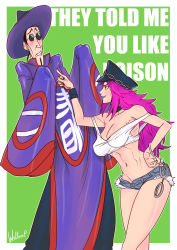 Rule 34 | 1boy, 1girl, absurdres, breasts, capcom, chinese clothes, cleavage, crop top, denim, denim shorts, english text, f.a.n.g, final fight, hand on own hip, hat, highres, narrow waist, peaked cap, pink hair, poison (final fight), short shorts, shorts, street fighter, street fighter v, wallace pires