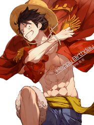 Rule 34 | 1boy, abs, akazu kieshi, bare pectorals, black hair, blue shorts, commentary request, constricted pupils, dated, fur-trimmed shorts, fur trim, hand up, happy birthday, hat, highres, jacket, leg up, looking at viewer, male focus, mixed-language commentary, monkey d. luffy, muscular, muscular male, navel, one piece, open mouth, pectorals, red jacket, sash, scar, scar on face, short hair, shorts, simple background, smile, solo, stomach, straw hat, teeth, upper body, white background, yellow hat, yellow sash