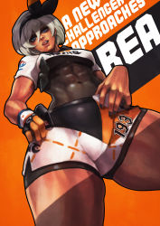 Rule 34 | 1girl, abs, absurdres, bea (pokemon), black hairband, black nails, blue eyes, bodysuit, bodysuit under clothes, breasts, character name, commentary, covered navel, creatures (company), crop top, cropped legs, dark-skinned female, dark skin, english commentary, english text, eyelashes, eyeshadow, fingerless gloves, from below, game freak, gloves, grey hair, gym leader, hair between eyes, hairband, hands on own hips, highres, licking lips, lips, looking at viewer, makeup, medium breasts, monori rogue, nail polish, nintendo, no bra, open fly, orange background, pokemon, pokemon swsh, short hair, shorts, single glove, solo, thick thighs, thighs, tongue, tongue out, underboob, unitard