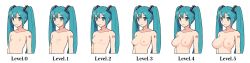 Rule 34 | 1girl, aqua eyes, aqua hair, breasts, bust chart, chart, flat chest, hatsune miku, highres, lineup, long hair, long image, nipples, nude, simple background, solar (solar0495), solo, twintails, vocaloid, white background, wide image