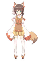 Rule 34 | 1girl, animal ear fluff, animal ears, blush, brown hair, detached sleeves, fox ears, fox tail, full body, geta, glasses, green eyes, highres, japanese clothes, long sleeves, looking at viewer, original, ribbon-trimmed sleeves, ribbon trim, shone, short hair, simple background, sketch, smile, solo, tail, thighhighs, white background, white thighhighs