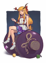 Rule 34 | 1girl, ankle boots, blonde hair, boots, bow, breasts, chain, crossed legs, cuffs, cup, gourd, hair bow, highres, horns, ibuki suika, long hair, low-tied long hair, multiple girls, non-web source, oversized object, red eyes, sakazuki, shackles, sitting, skirt, sleeveless, small breasts, solo, timbougami, touhou, twintails