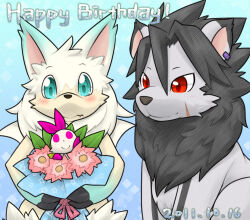 Rule 34 | 1other, :3, animal ears, animal hands, animal nose, aqua eyes, black hair, blank eyes, blue background, blue fur, blush, body fur, bouquet, character request, claws, closed mouth, dated, earrings, english text, eye contact, flower, fur collar, gradient background, handymonsters, happy birthday, holding, holding bouquet, jewelry, kame (3t), leaf, looking at another, looking down, looking up, mini wings, multicolored fur, other focus, pink eyes, pink flower, red eyes, scar, scar on face, sidelocks, simple background, sitting, snout, standing, star (symbol), star print, straight-on, upper body, white fur, white hair, white wings, wings, yellow fur