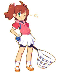 Rule 34 | 1girl, bike shorts, black shorts, blue gloves, brown hair, closed mouth, commentary request, full body, gloves, green eyes, hair ribbon, hand on own hip, looking at viewer, metata, one eye closed, pink ribbon, puffy short sleeves, puffy sleeves, ribbon, saru getchu, sayaka (saru getchu), short hair, short sleeves, shorts, shorts under skirt, simple background, skirt, smile, solo, standing, star (symbol), twintails, white background, white skirt