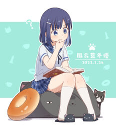Rule 34 | 1girl, ?, animal hands, bean bag chair, blue eyes, blue hair, blue ribbon, blue sailor collar, blue skirt, bob cut, book, breasts, cat, cat slippers, check commentary, chess piece, closed mouth, colored inner hair, commentary request, cup, dated, doughnut-shaped pillow, doughnut, food, fuiba fuyu, full body, gochuumon wa usagi desu ka?, hair ornament, hairclip, hand on own chin, highres, hoto cocoa&#039;s school uniform, king (chess), kneehighs, looking at another, looking at object, miniskirt, mohei, multicolored hair, neck ribbon, outline, partial commentary, plaid, plaid sailor collar, plaid skirt, pleated skirt, reading, ribbon, sailor collar, school uniform, serafuku, shirt, short hair, short sleeves, simple background, sitting, skirt, small breasts, socks, teacup, translation request, two-tone background, two-tone hair, white outline, white shirt, white socks