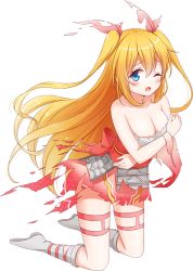 Rule 34 | 1girl, ;o, artist request, bare shoulders, blonde hair, blue eyes, breasts, cleavage, covering privates, covering breasts, full body, hair ribbon, kneeling, official art, one eye closed, oshiro project:re, oshiro project:re, pleated skirt, red skirt, ribbon, skirt, smile, solo, torn clothes, transparent background, two side up, yamato kooriyama (oshiro project)