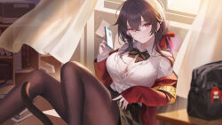 Rule 34 | 1girl, absurdres, armband, azur lane, bag, black bow, black bowtie, black hair, black pantyhose, black skirt, book, book stack, bow, bowtie, breasts, cellphone, chinese commentary, cleavage, collared shirt, commentary request, curtains, highres, holding, holding phone, indoors, jacket, jacket partially removed, large breasts, long hair, long sleeves, orange armband, pantyhose, partially unbuttoned, phone, red eyes, red jacket, school bag, school uniform, shirt, sitting, skirt, sleeves past wrists, smartphone, solo, taihou (azur lane), taihou (sweet time after school) (azur lane), white shirt, yukiyaii