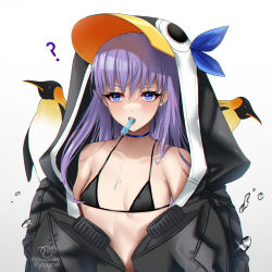 Rule 34 | 1girl, ?, animal hood, artist logo, artist name, bare shoulders, bikini, bird, black bikini, black jacket, blue bow, blue eyes, blush, bow, breasts, bubble, choker, collarbone, fate/grand order, fate (series), flat chest, food, food in mouth, food on body, hood, hood up, jacket, long hair, long sleeves, looking at viewer, meltryllis, meltryllis (fate), meltryllis (swimsuit lancer) (fate), meltryllis (swimsuit lancer) (first ascension) (fate), mouth hold, penguin, penguin hood, popsicle, popsicle in mouth, purple hair, ryuuneart, simple background, sleeves past fingers, sleeves past wrists, small breasts, swimsuit, twitter username, very long hair, white background
