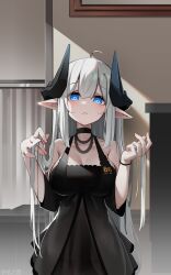 Rule 34 | 1girl, ahoge, bare shoulders, black choker, black dress, blue eyes, blush, breasts, choker, cleavage, closed mouth, cowboy shot, dress, grey hair, highres, holding, holding own hair, horns, huizhiyin, indoors, jewelry, large breasts, long hair, looking at viewer, necklace, original, pointy ears, sleeping, solo, very long hair, wristband
