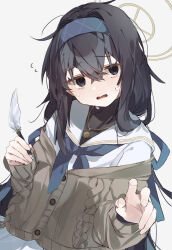 Rule 34 | 1girl, absurdres, bags under eyes, black hair, blue archive, blue eyes, blue hairband, blue neckerchief, brown sweater, gold necklace, hairband, halo, higa (gominami), highres, holding, holding quill, jewelry, long hair, looking to the side, low twintails, neckerchief, necklace, outstretched hand, quill, ribbed sweater, school uniform, serafuku, simple background, solo, sweat, sweater, twintails, ui (blue archive), white background, white serafuku