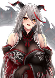 Rule 34 | 1girl, absurdres, aegir (azur lane), alternate costume, asahina tou, azur lane, black gloves, black kimono, bodystocking, breasts, demon horns, earrings, elbow gloves, gloves, grey hair, hair between eyes, highres, horns, japanese clothes, jewelry, kimono, large breasts, looking at viewer, non-humanoid robot, red hair, robot, robot animal, simple background, solo, upper body, white background, wide sleeves, yellow eyes