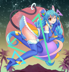 Rule 34 | 1girl, animal ears, aqua hair, ass, boots, braid, braided tail, cat ears, cat tail, cure cosmo, elbow gloves, gloves, hoxi, long hair, multicolored hair, no panties, paw pose, pink hair, precure, sky, star (sky), star twinkle precure, starry sky, tail, thigh boots, thighhighs, twin braids, yellow eyes, yuni (precure)