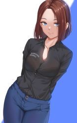 Rule 34 | 1girl, arms behind back, black shirt, blue eyes, blue pants, blush, bralines, breasts, brown hair, cleavage, closed mouth, clothes writing, collared shirt, commentary, cowboy shot, denim, ear piercing, forehead, highres, jeans, long sleeves, looking at viewer, medium breasts, mole, mole under eye, pants, piercing, ryudraw, samsung, samsung sam, shirt, short hair, smile, solo, two-tone background