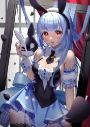 Rule 34 | 1girl, animal ears, bare shoulders, black leotard, black necktie, black thighhighs, blue bow, blue hair, blue skirt, blunt bangs, bow, breasts, center frills, collar, cowboy shot, curtains, detached collar, detached sleeves, fake animal ears, fishnet thighhighs, fishnets, floating hair, frilled collar, frills, frown, garter straps, hair spread out, highres, holding, holding mask, hololive, imahuku, leotard, long hair, mask, medium breasts, mirror, multicolored hair, necktie, official alternate costume, open mouth, orange eyes, petticoat, rabbit-shaped pupils, rabbit ears, see-through, short eyebrows, side-tie leotard, sideboob, sideless outfit, skirt, solo, spaghetti strap, symbol-shaped pupils, thick eyebrows, thighhighs, usada pekora, usada pekora (furi furi bunny dress), very long hair, virtual youtuber, window, wing collar, wrist cuffs