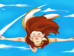 Rule 34 | 1girl, cape, dc comics, closed eyes, flying, mary batson, red hair, shazam, smile, solo