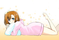 Rule 34 | 10s, 1girl, barefoot, blue eyes, bow, brown hair, from side, hair bow, kosaka honoka, long hair, looking at viewer, love live!, love live! school idol project, lying, nanotsuki, hugging object, on stomach, pillow, pillow hug, side ponytail, smile, solo, the pose, yellow bow