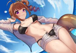 Rule 34 | 1girl, ahoge, arm up, bikini, black bikini, blue sky, breasts, brown hair, closed mouth, cloud, collarbone, drill hair, grey nails, highres, holding, holding swim ring, idolmaster, idolmaster million live!, innertube, jacket, kamille (vcx68), large breasts, long hair, long sleeves, looking at viewer, micro shorts, navel, ocean, open clothes, open fly, open jacket, open shorts, purple eyes, see-through, see-through jacket, shorts, side drill, sky, smile, solo, standing, stomach, swim ring, swimsuit, unzipped, white shorts, yokoyama nao