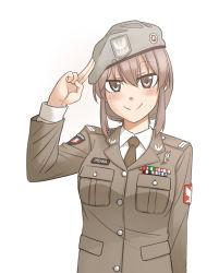 Rule 34 | 1girl, bad id, bad pixiv id, beret, hat, looking at viewer, military, military uniform, necktie, original, salute, shino (r shughart), simple background, solo, two-finger salute, uniform