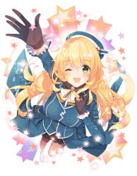 Rule 34 | 10s, 1girl, ;d, arm up, atago (kancolle), bad id, bad pixiv id, beret, black gloves, black pantyhose, black skirt, blonde hair, blue hat, blush, bow, bowtie, breasts, buttons, eyebrows, forest, frilled sleeves, frills, from above, full body, fur collar, gloves, green eyes, hand on own chest, hat, highres, kantai collection, large breasts, long sleeves, military, nature, necomi, one eye closed, open mouth, pantyhose, revision, simple background, skirt, smile, solo, standing, star (symbol), tareme, white background, white bow, white bowtie