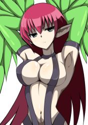 Rule 34 | 1girl, armpits, arms up, breasts, cleavage, duel monster, feathered wings, feathers, green feathers, grey eyes, harpie lady, harpie lady #1, harpie lady 1, harpy, kairi (fotune), large breasts, long hair, monster girl, navel, pointy ears, red hair, simple background, solo, white background, winged arms, wings, yu-gi-oh!, yu-gi-oh! duel monsters
