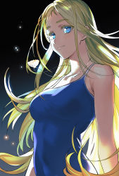 Rule 34 | 1girl, arms at sides, backlighting, bare arms, bare shoulders, black background, blonde hair, blue eyes, blue one-piece swimsuit, breasts, chinese commentary, closed mouth, colored eyelashes, commentary request, competition swimsuit, highres, jewelry, kanngetsuan, kofune ushio, long hair, looking at viewer, mixed-language commentary, necklace, one-piece swimsuit, school swimsuit, seashell, shell, shell necklace, simple background, smile, solo, summertime render, swimsuit, upper body, very long hair