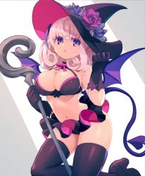 Rule 34 | 1girl, :o, bare shoulders, black gloves, black hat, black thighhighs, breasts, chingisu, cleavage, colored eyelashes, curly hair, demon girl, demon horns, demon tail, demon wings, eyes visible through hair, flower, gloves, hat, hat flower, holding, holding staff, horns, large breasts, leaf, medium hair, navel, open mouth, original, pink ribbon, pointy ears, purple eyes, purple wings, ribbon, silver hair, solo, staff, tail, thighhighs, wings, witch hat