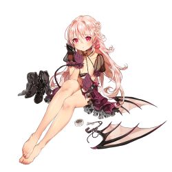 Rule 34 | 1girl, bare legs, barefoot, black footwear, boots, braid, breasts, cleavage, cross-laced footwear, fake wings, feet, feet together, french braid, full body, gloves, hairband, knee boots, lace-up boots, legs together, long hair, looking at viewer, official art, pink eyes, pink hair, pointy ears, purple gloves, red eyes, safety pin, see-through, shoes, sitting, solo, sukja, tape, toes, transparent background, uchi no hime-sama ga ichiban kawaii, unworn boots, unworn hairband, unworn shoes, wings