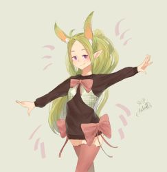 Rule 34 | animal ears, arms at sides, blonde hair, bow, bowtie, rabbit ears, fire emblem, fire emblem awakening, fire emblem fates, green hair, long sleeves, nowi (fire emblem), purple eyes, stretching, thighhighs