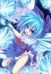 Rule 34 | 1girl, ascot, blue bow, blue dress, blue eyes, blue hair, bow, breasts, cirno, dress, eyebrows, eyelashes, female focus, gradient hair, hair bow, hair ribbon, ice, ice wings, looking at viewer, matching hair/eyes, medium breasts, multicolored hair, open mouth, pink hair, puffy short sleeves, puffy sleeves, red ascot, ribbon, short hair, short sleeves, solo, suzuneko (yume no kyoukai), thighs, touhou, white sleeves, wings, wrist cuffs