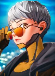 Rule 34 | 1girl, absurdres, animification, apex legends, aviator sunglasses, bodysuit, covered collarbone, dragonashen0201, earpiece, from side, gloves, grey hair, hair behind ear, highres, looking down, orange-tinted eyewear, orange bodysuit, orange gloves, parted lips, portrait, red lips, short hair, sky, solo, sunglasses, tinted eyewear, valkyrie (apex legends)
