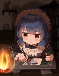 Rule 34 | 1girl, apron, black dress, blue hair, blush, brown eyes, closed mouth, commentary request, drawing tablet, dress, frilled apron, frills, highres, holding, holding stylus, indoors, kerosene lamp, long sleeves, maid, maid apron, maid headdress, mimikaki (men bow), original, smile, solo, stylus, upper body, white apron