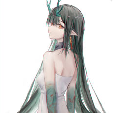 Rule 34 | 0 (znanimo), 1girl, arknights, arm tattoo, black collar, black hair, breasts, collar, colored skin, dragon horns, dress, dusk (arknights), ear piercing, from behind, green hair, green skin, highres, horns, long hair, looking at viewer, looking back, multicolored hair, orange eyes, parted lips, piercing, pointy ears, simple background, small breasts, solo, streaked hair, tattoo, very long hair, white background, white dress