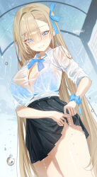 Rule 34 | 1girl, asuna (blue archive), blue archive, blue eyes, breasts, cleavage, haruri, highres, large breasts, light brown hair, long hair, looking at viewer, necktie, shirt, smile, solo, wet, white shirt