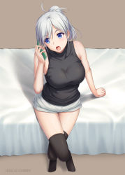Rule 34 | 1girl, 2018, bedroom, black shirt, black thighhighs, blue eyes, breasts, brown background, crossed legs, dated, from above, full body, hair between eyes, head tilt, holding, holding phone, indoors, large breasts, long hair, melty blood, miyai sen, open mouth, phone, ponytail, riesbyfe stridberg, shirt, short shorts, shorts, silver hair, sitting, sleeveless, sleeveless shirt, solo, thigh gap, thighhighs, tsukihime, white shorts