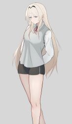 Rule 34 | 1girl, absurdres, an-94 (girls&#039; frontline), aqua eyes, arms behind back, blonde hair, chinese commentary, collared shirt, feet out of frame, girls&#039; frontline, grey background, grey sweater vest, headband, highres, long hair, neck ribbon, red ribbon, ribbon, sharp-pig, shirt, shorts, solo, sweater vest, white shirt