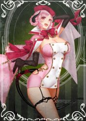 Rule 34 | 1girl, :d, apt, black gloves, black thighhighs, blush, bow, bowtie, breasts, cape, cleavage, covered navel, cowboy shot, demon girl, demon horns, demon tail, dress, elbow gloves, garter straps, gloves, hat, high heels, highres, horns, index finger raised, large breasts, looking at viewer, open mouth, original, pink dress, pink hair, red bow, red bowtie, red eyes, short hair, single thighhigh, smile, strapless, strapless dress, tail, thighhighs, tube dress