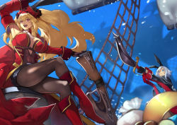 Rule 34 | 2girls, animal ears, anne bonny (fate), black skirt, blonde hair, blue eyes, boots, breasts, brown legwear, cleavage, cutlass, cutlass, detached collar, detached sleeves, fake animal ears, fate/grand order, fate (series), hairband, hat, highres, holding, holding sword, holding weapon, knee boots, large breasts, long hair, long sleeves, low neckline, mary read (fate), multiple girls, open mouth, pantyhose, pirate hat, rabbit ears, red eyes, red footwear, scar, short hair, sidelocks, silver hair, skirt, smile, sword, twintails, very long hair, weapon, yoshio (55level)