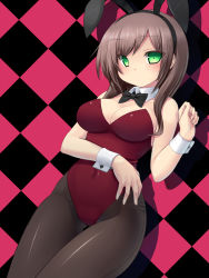 Rule 34 | 1girl, animal ears, bad id, bad pixiv id, bare shoulders, black pantyhose, blush, bow, bowtie, breasts, brown hair, checkered background, cleavage, detached collar, dutch angle, fake animal ears, green eyes, hairband, highres, hip focus, leotard, long hair, looking at viewer, original, pantyhose, playboy bunny, rabbit ears, solo, thigh gap, thighs, tsukumiya amane, wrist cuffs
