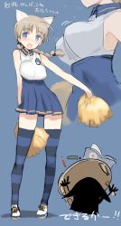Rule 34 | 1girl, :d, ahoge, animal ears, blue eyes, blush, braid, breasts, brown hair, cheerleader, high-waist skirt, large breasts, long hair, looking at viewer, lynette bishop, miniskirt, open mouth, pleated skirt, pom pom (cheerleading), shimada fumikane, shoes, silhouette demon, single braid, sketch, skirt, sleeveless, smile, sneakers, solo, strike witches, striped clothes, striped thighhighs, table flip, tail, thighhighs, translated, world witches series, zettai ryouiki