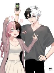Rule 34 | 1boy, 1girl, anger vein, annoyed, black hair, black pants, blue eyes, blush, breasts, brown cardigan, can, cardigan, cleavage, collarbone, commentary, english commentary, eyebrows hidden by hair, grey shirt, hievasp, highres, holding, holding can, indie virtual youtuber, iris black games, kamito (vtuber), long hair, looking up, medium breasts, monster energy, multicolored hair, pants, pink hair, purple eyes, shirt, tachibana hinano (vtuber), two-tone hair, virtual youtuber, vspo!, white background, white hair