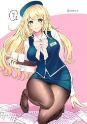 Rule 34 | 1girl, ?, adapted costume, alternate costume, atago (kancolle), beret, black footwear, black pantyhose, blonde hair, blue hat, blue skirt, blue vest, breasts, commentary request, cup, full body, green eyes, hat, high heels, highres, irokiiro, kantai collection, large breasts, long hair, looking at viewer, miniskirt, office lady, one-hour drawing challenge, pantyhose, paper, pencil skirt, pumps, shirt, simple background, skirt, solo, squatting, teacup, tray, two-tone background, vest, white background, white shirt